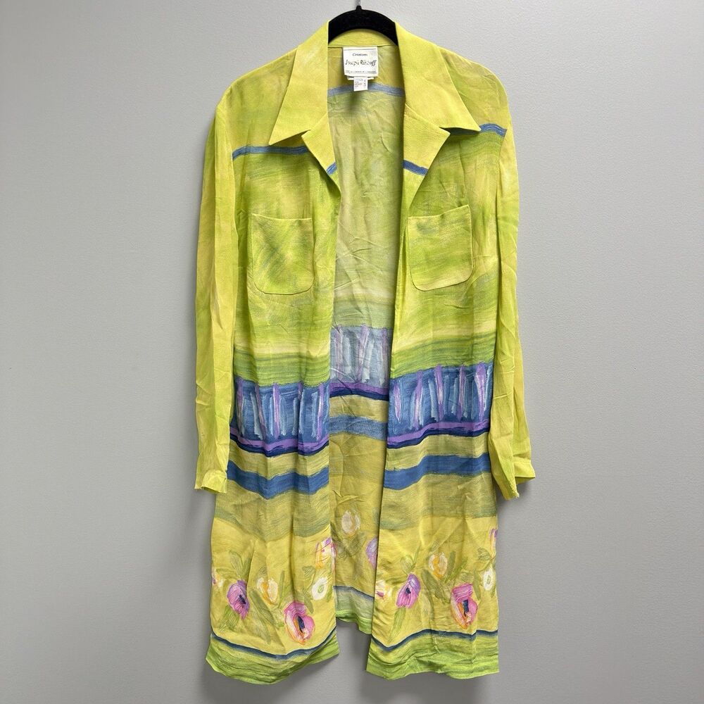 Joseph Ribkoff Creations Sheer Duster Jacket Women Size 12 Lime Green Floral Art